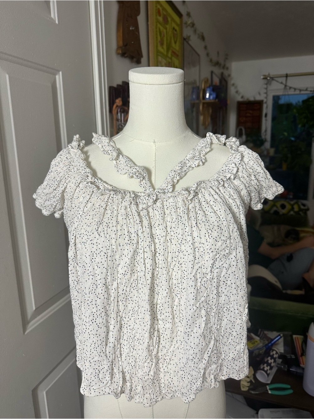 Melrose and Market White Smocked Peasant Blouse with Black Dot Print